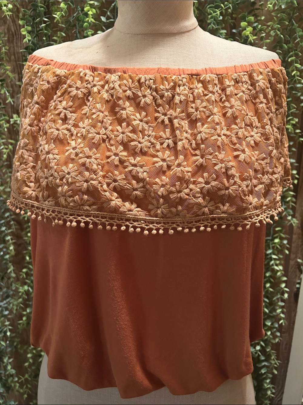 Embroidered Off-Shoulder Rust Top